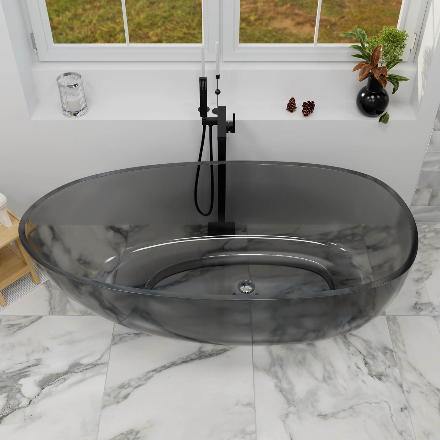 67" Modern Art Resin Tub, Gray Transparent Egg Shape Freestanding Soaking Bathtub for Hotels