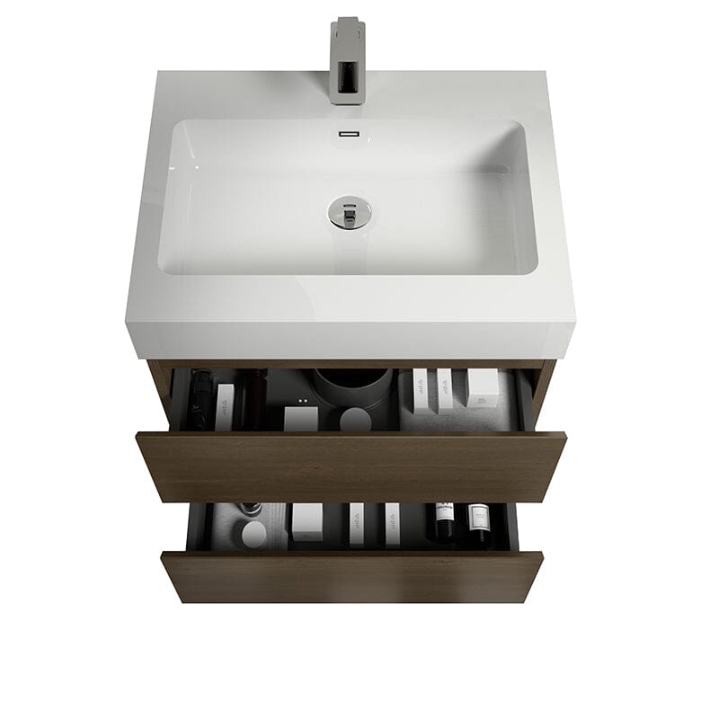 Mueble de baño de roble oscuro de 24 pulgadas con lavabo, de una sola pieza, para montaje en pared.