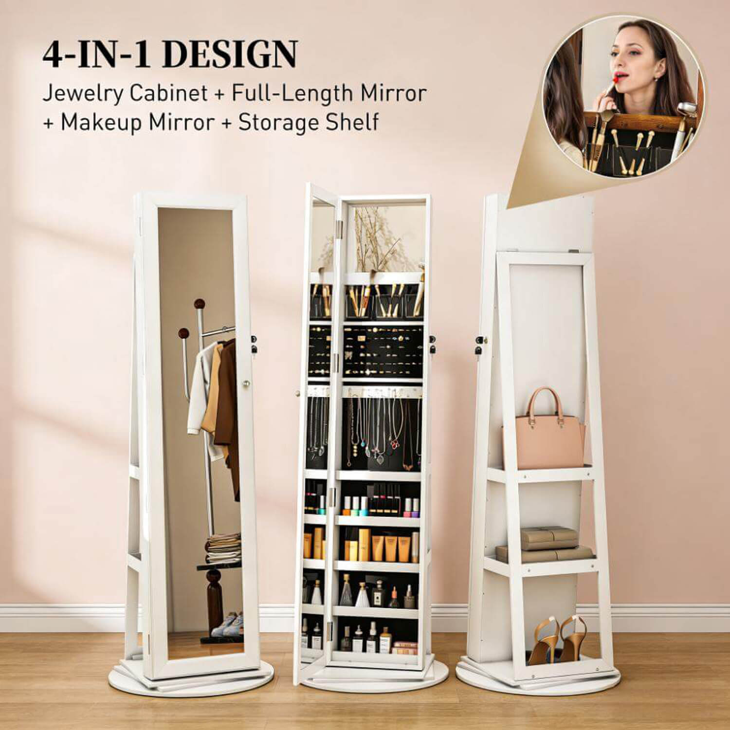 4 in 1 white mirror cabinet with jewelry storage and coat hooks