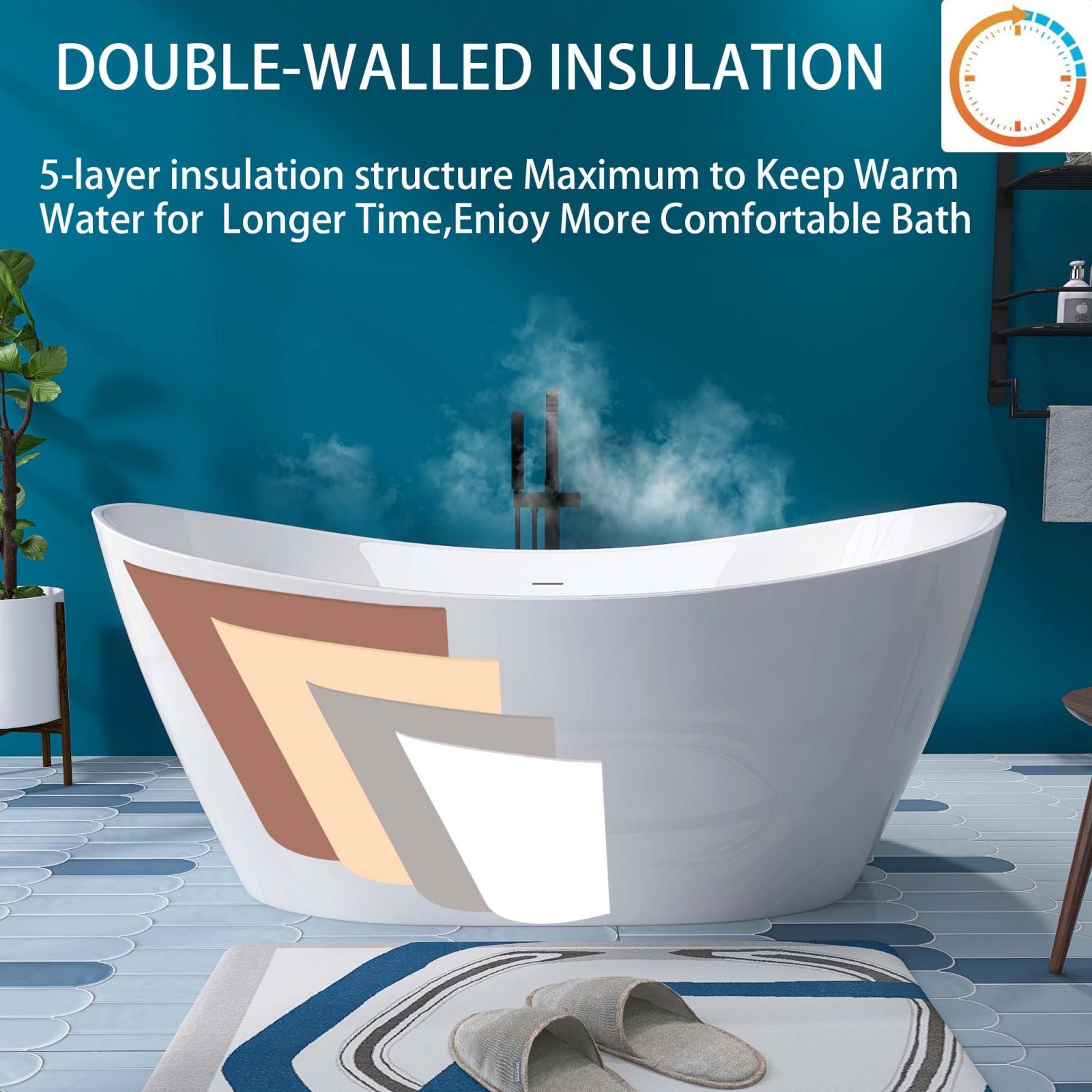 68" double slipper acrylic soaking tub with super insulation