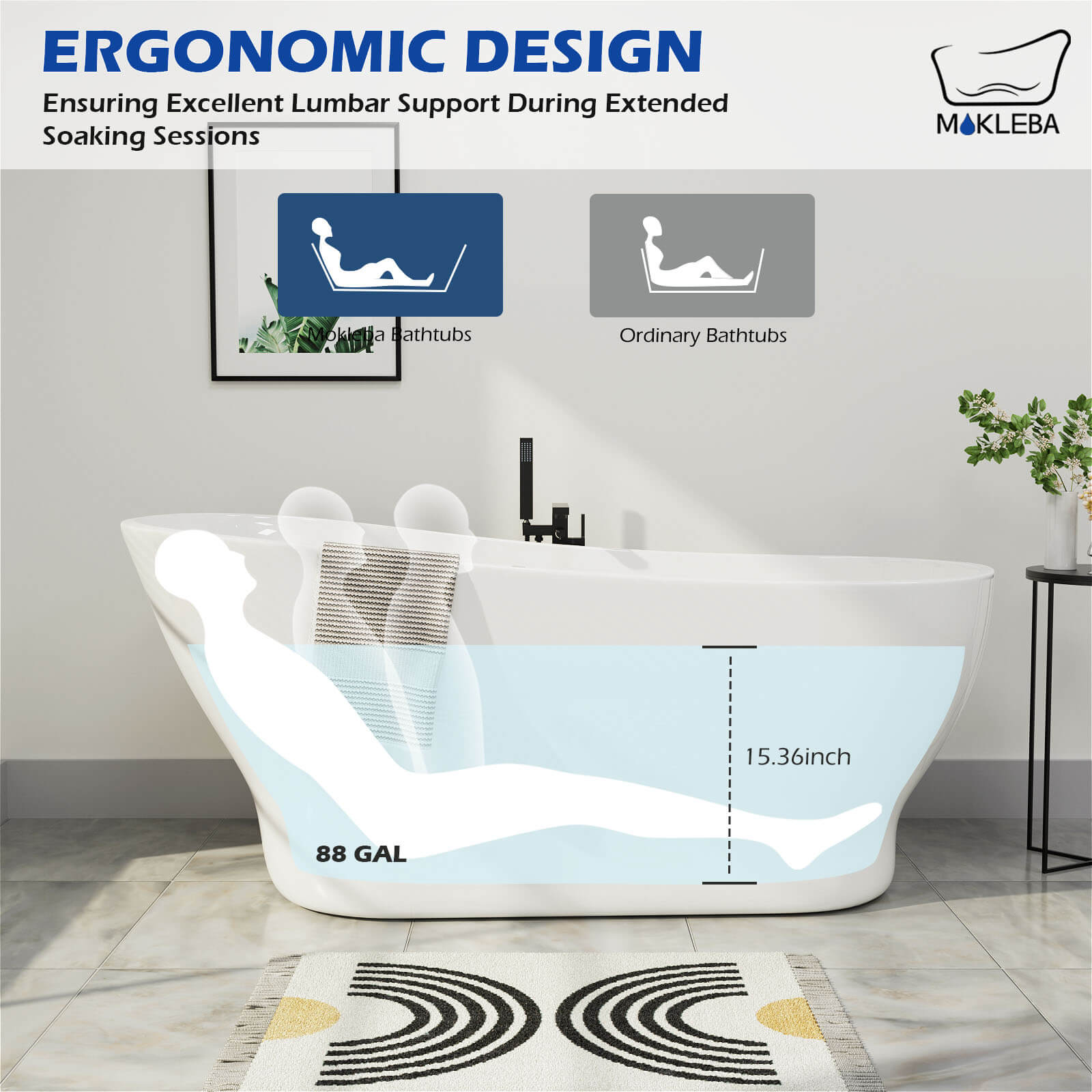 Mokleba Modern Bathroom 63" Acrylic Curve Flatbottom Freestanding Bathtub in White