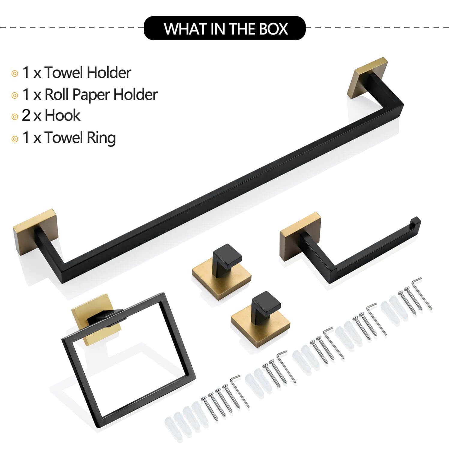 5-Piece Black and Gold Stainless Steel Bathroom Hardware Set and install fittings