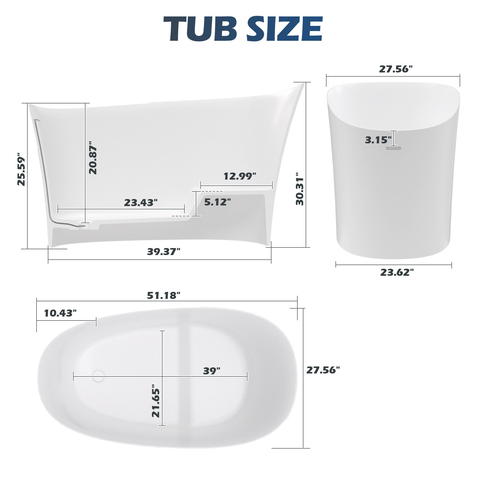 51" Single Slipper Freestanding Japanese Soaking Bathtub Solid Surface Stone Resin Tub with Built-in Seat