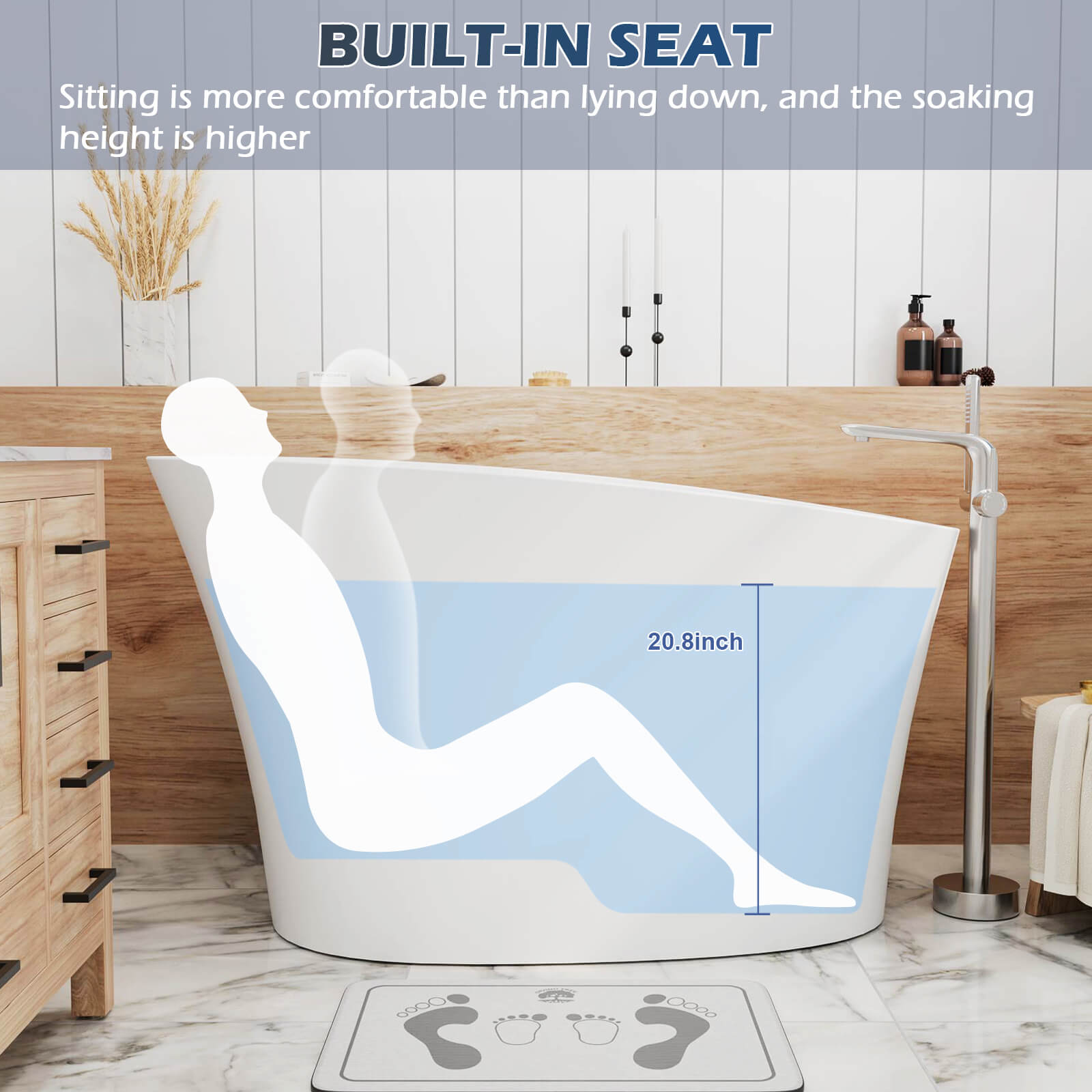51" Single Slipper Freestanding Japanese Soaking Bathtub Solid Surface Stone Resin Tub with Built-in Seat
