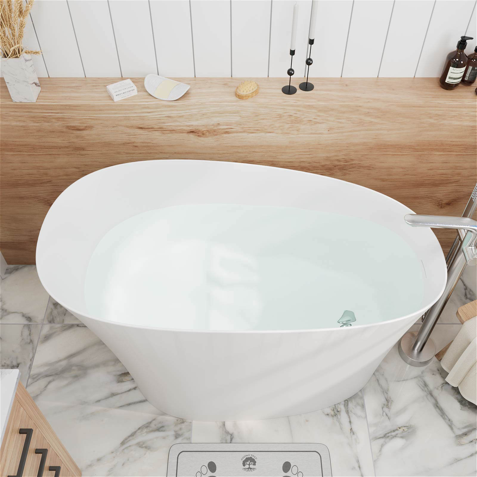 51" Single Slipper Freestanding Japanese Soaking Bathtub Solid Surface Stone Resin Tub with Built-in Seat