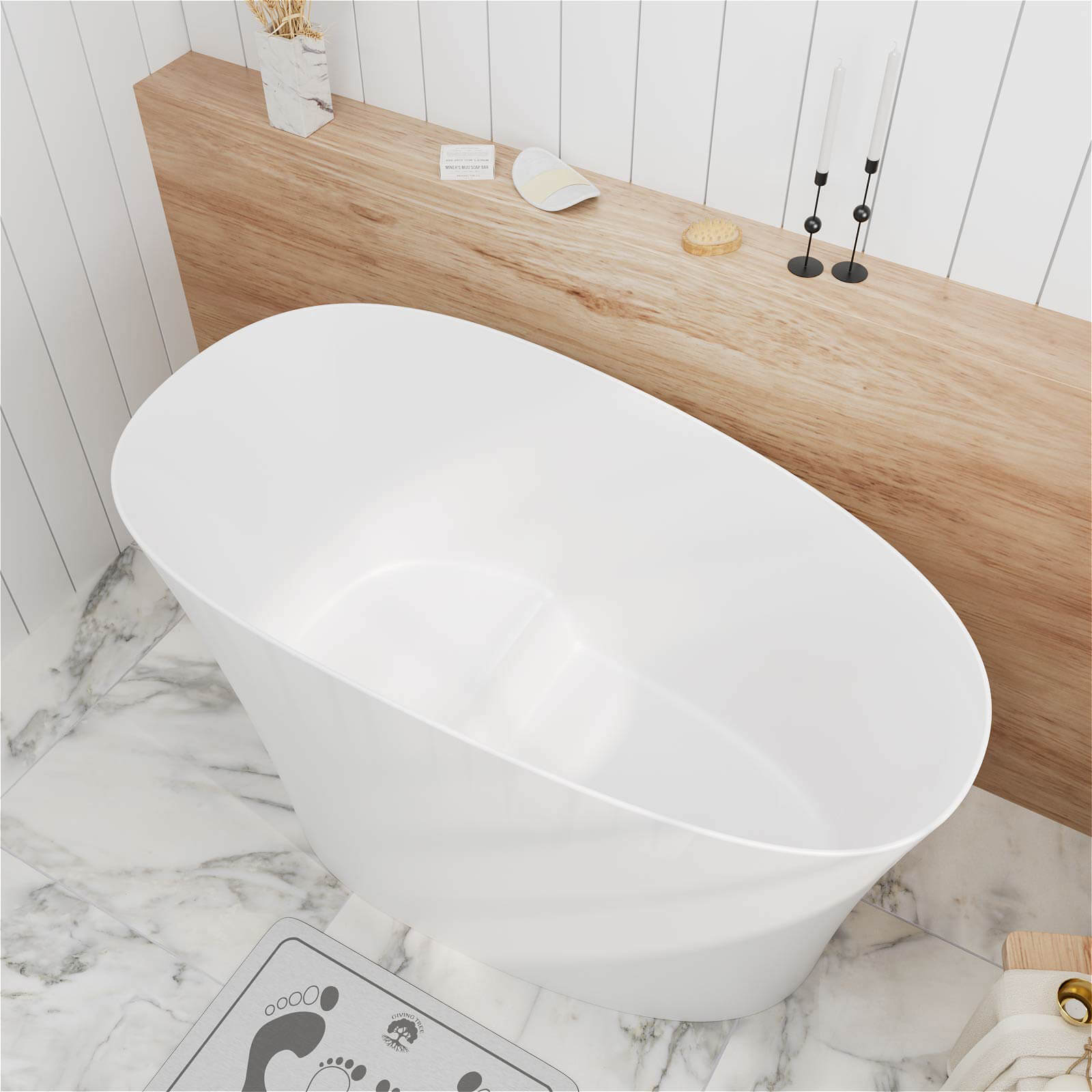 51" Single Slipper Freestanding Japanese Soaking Bathtub Solid Surface Stone Resin Tub with Built-in Seat