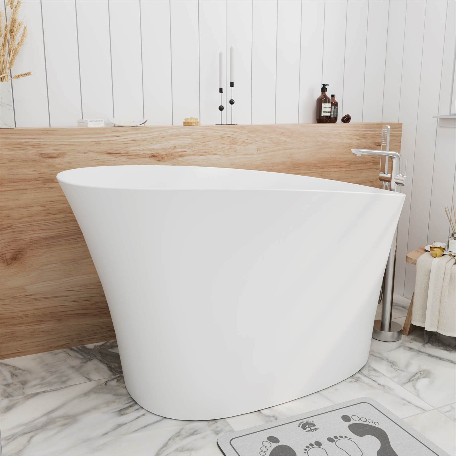 51" Single Slipper Freestanding Japanese Soaking Bathtub Solid Surface Stone Resin Tub with Built-in Seat