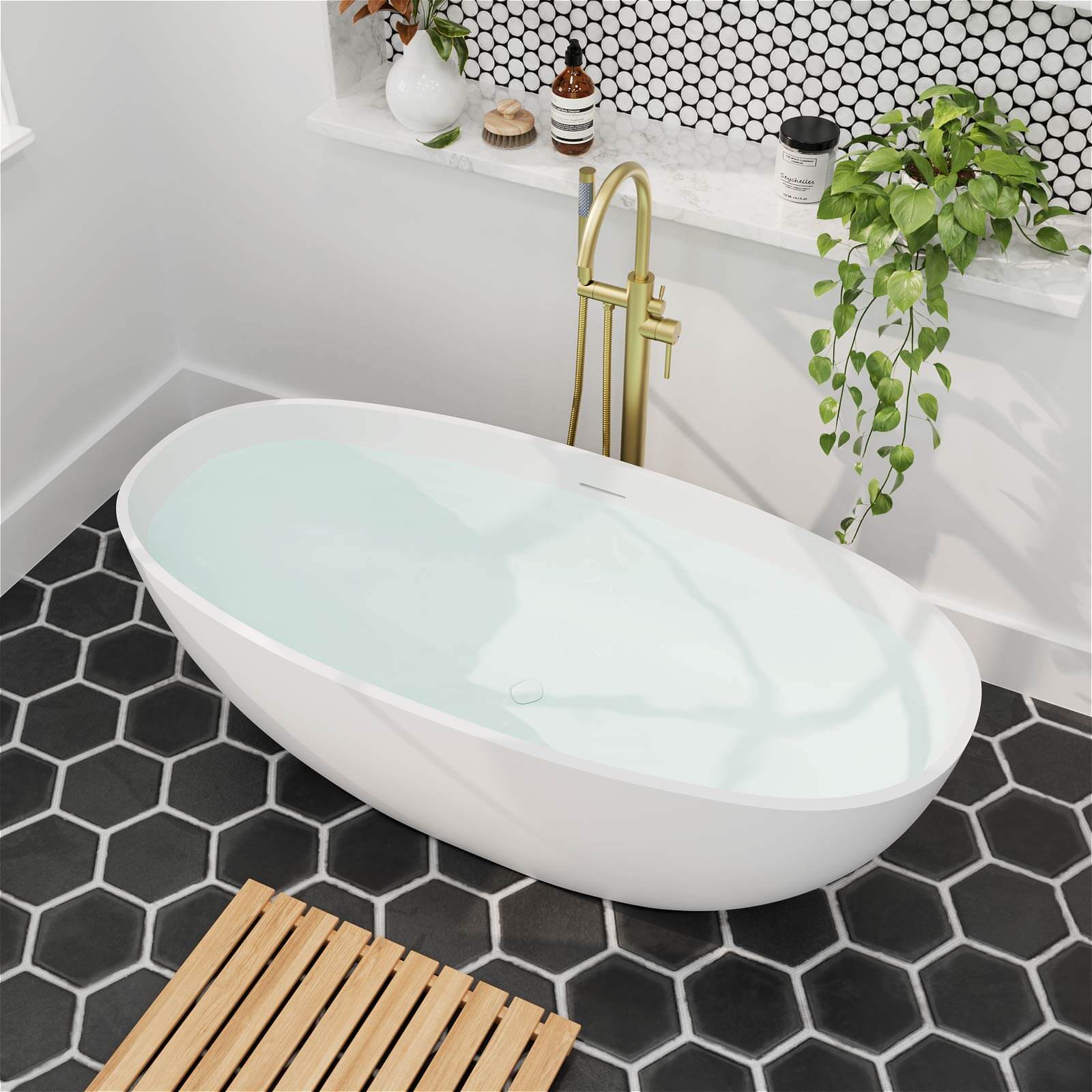 55" Stone Resin Freestanding Small Bathtub, Oval Soaking Tub with Pop-up Drain and Overflow