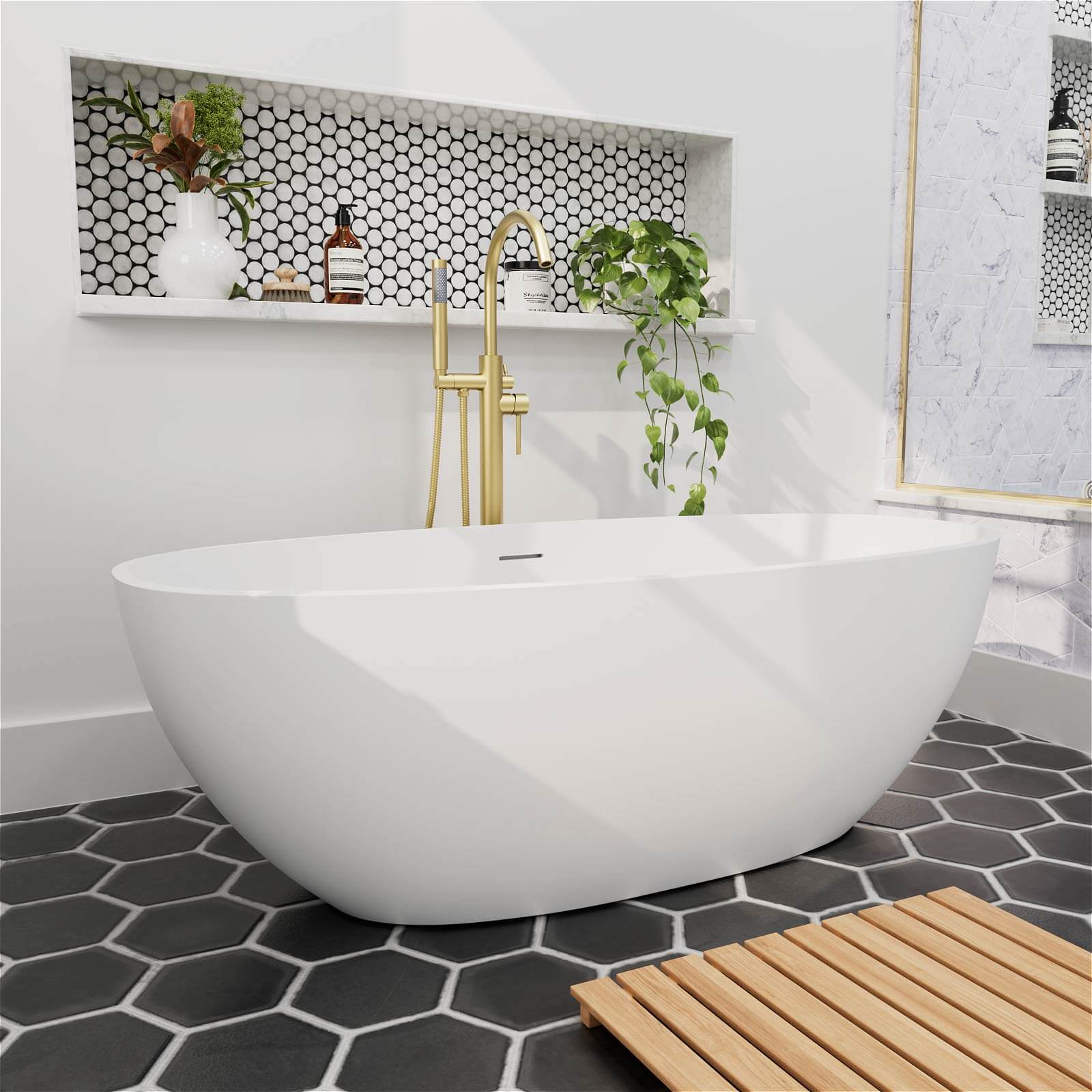 55" Stone Resin Freestanding Small Bathtub, Oval Soaking Tub with Pop-up Drain and Overflow