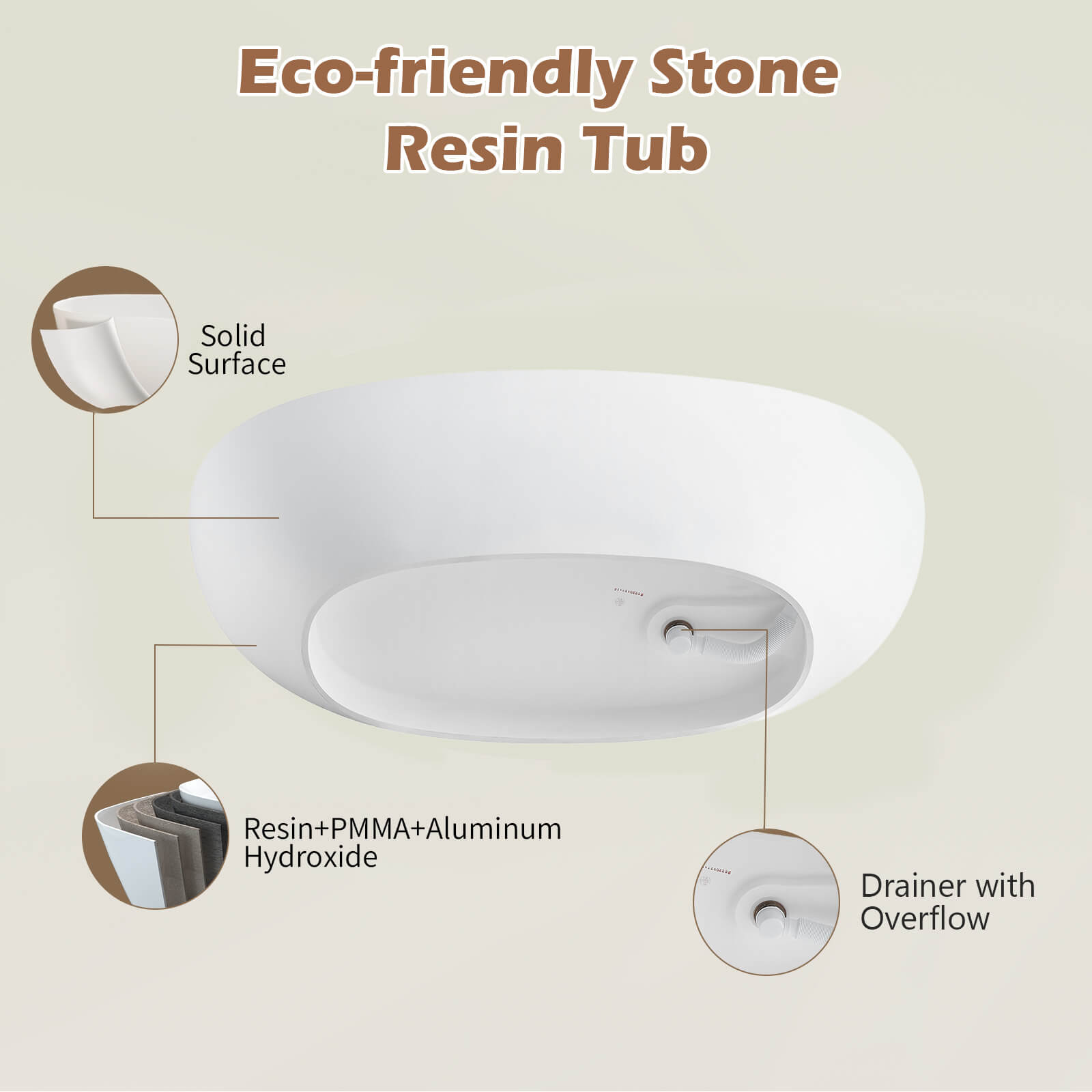 55" Stone Resin Freestanding Small Bathtub, Oval Soaking Tub with Pop-up Drain and Overflow