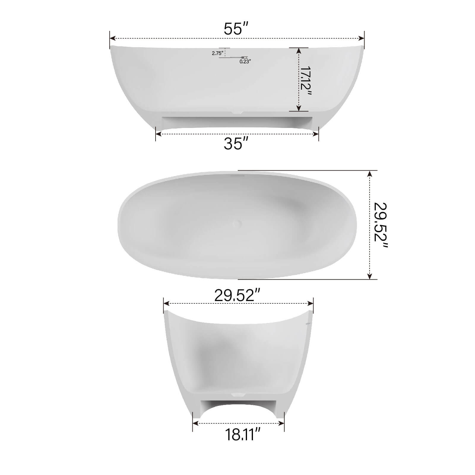 55" Stone Resin Freestanding Small Bathtub, Oval Soaking Tub with Pop-up Drain and Overflow