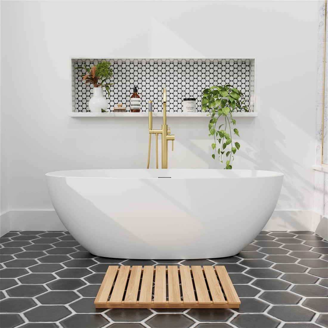 55" Stone Resin Freestanding Small Bathtub, Oval Soaking Tub with Pop-up Drain and Overflow