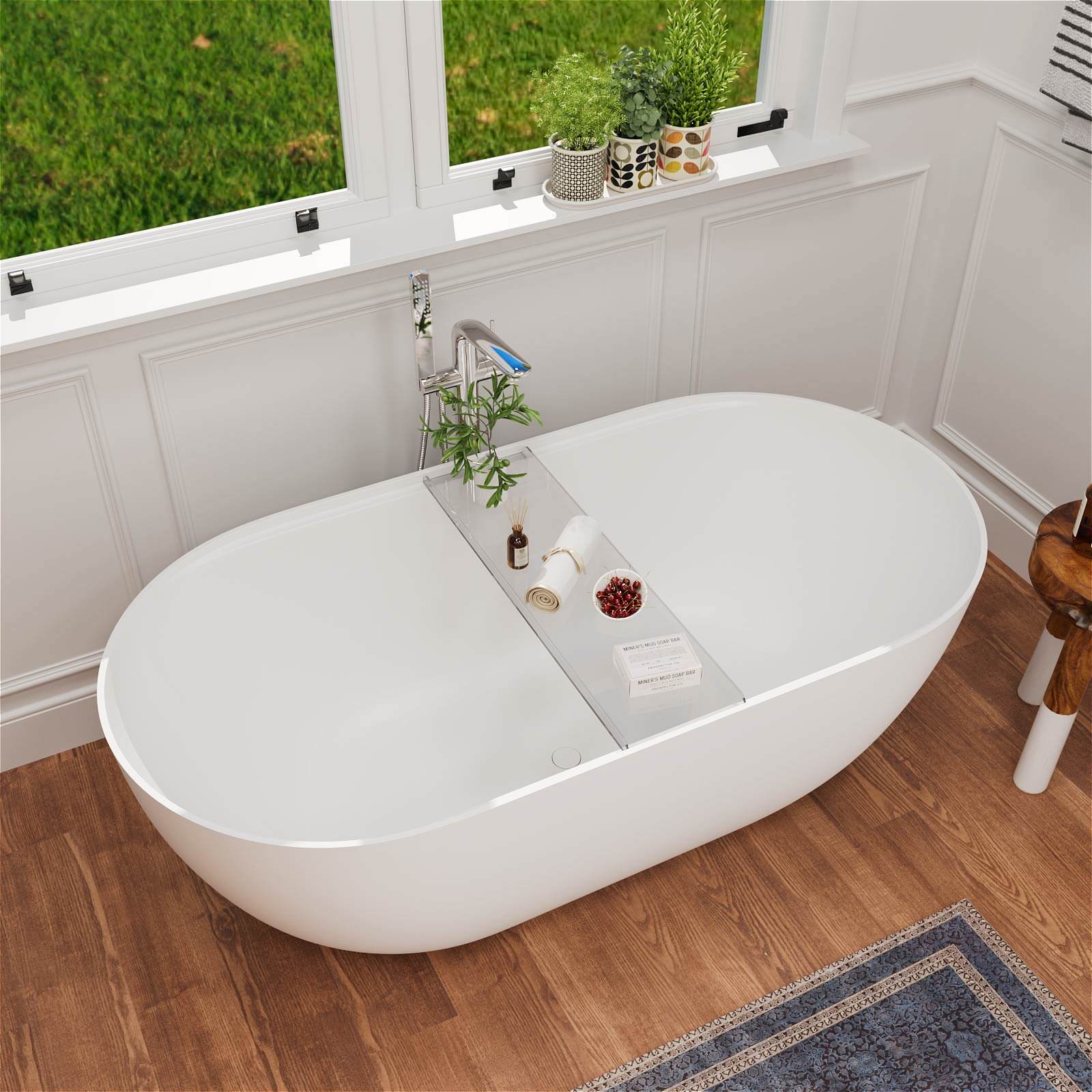 59 inch solid surface oval soaking tub with free bath tray