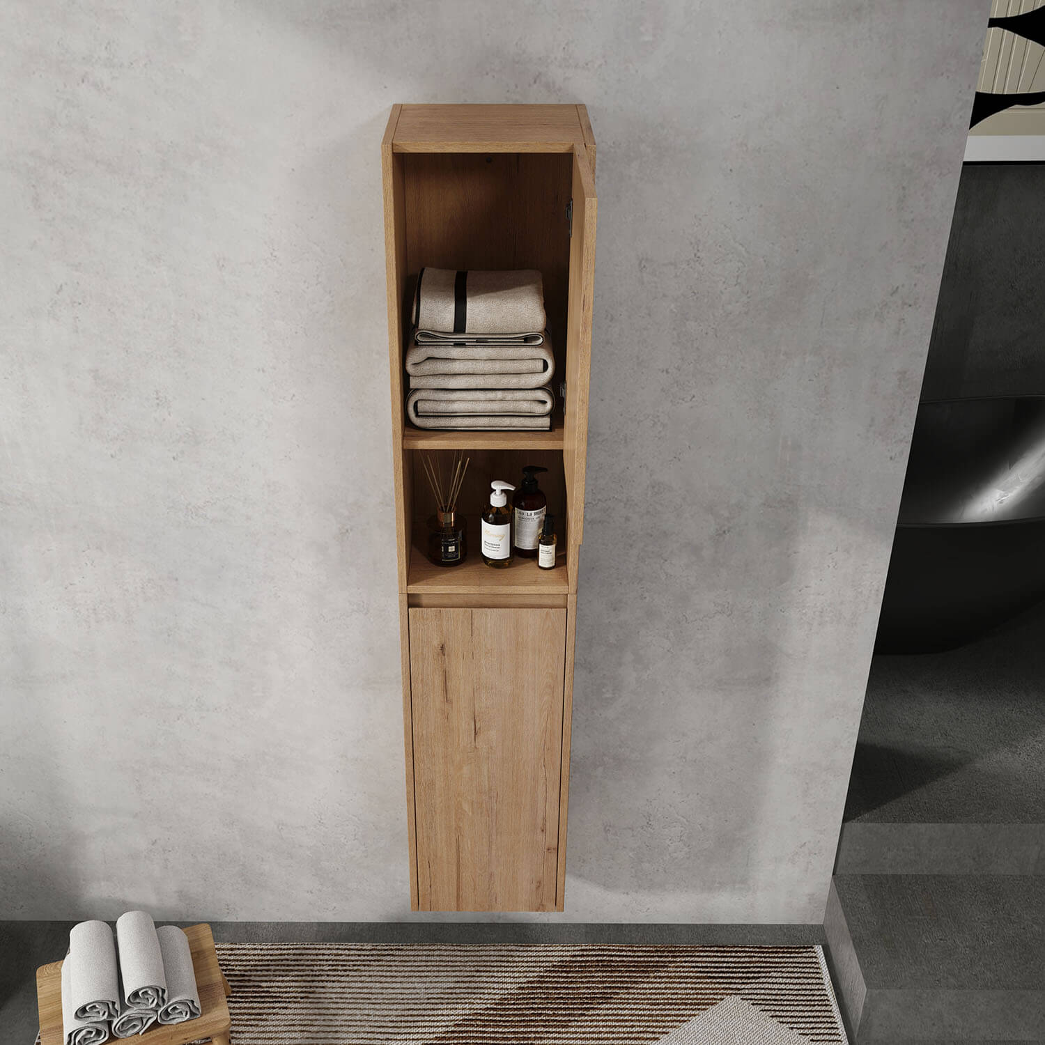 59-inch Tall White Oak Bathroom Wall Cabinet with Doors and Open Shelf