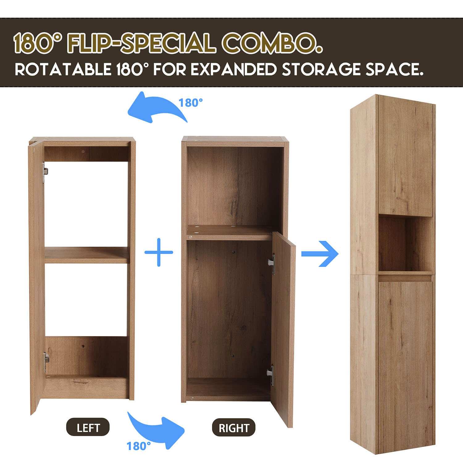 59" Tall White Oak Bathroom Wall-Cabinet with Doors and Open Shelf