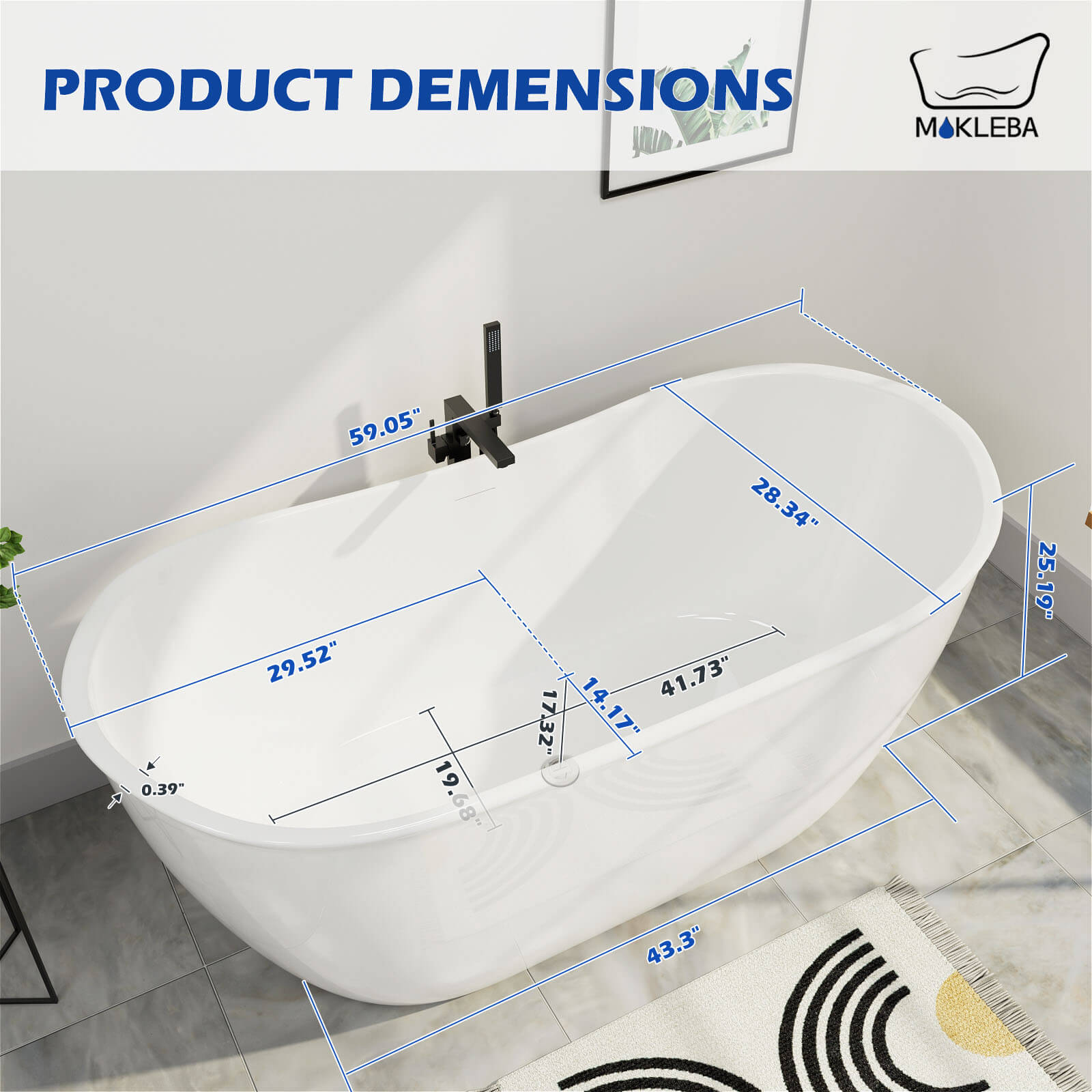 59 inch Acrylic Double Slipper Freestanding Bathtub size