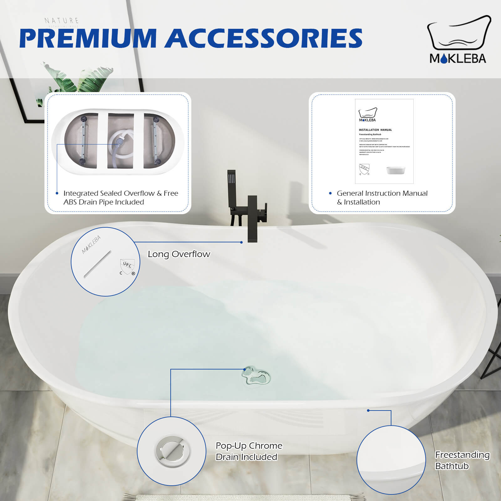 59 inch Acrylic Double Slipper Freestanding Bathtub with Pop-up drain