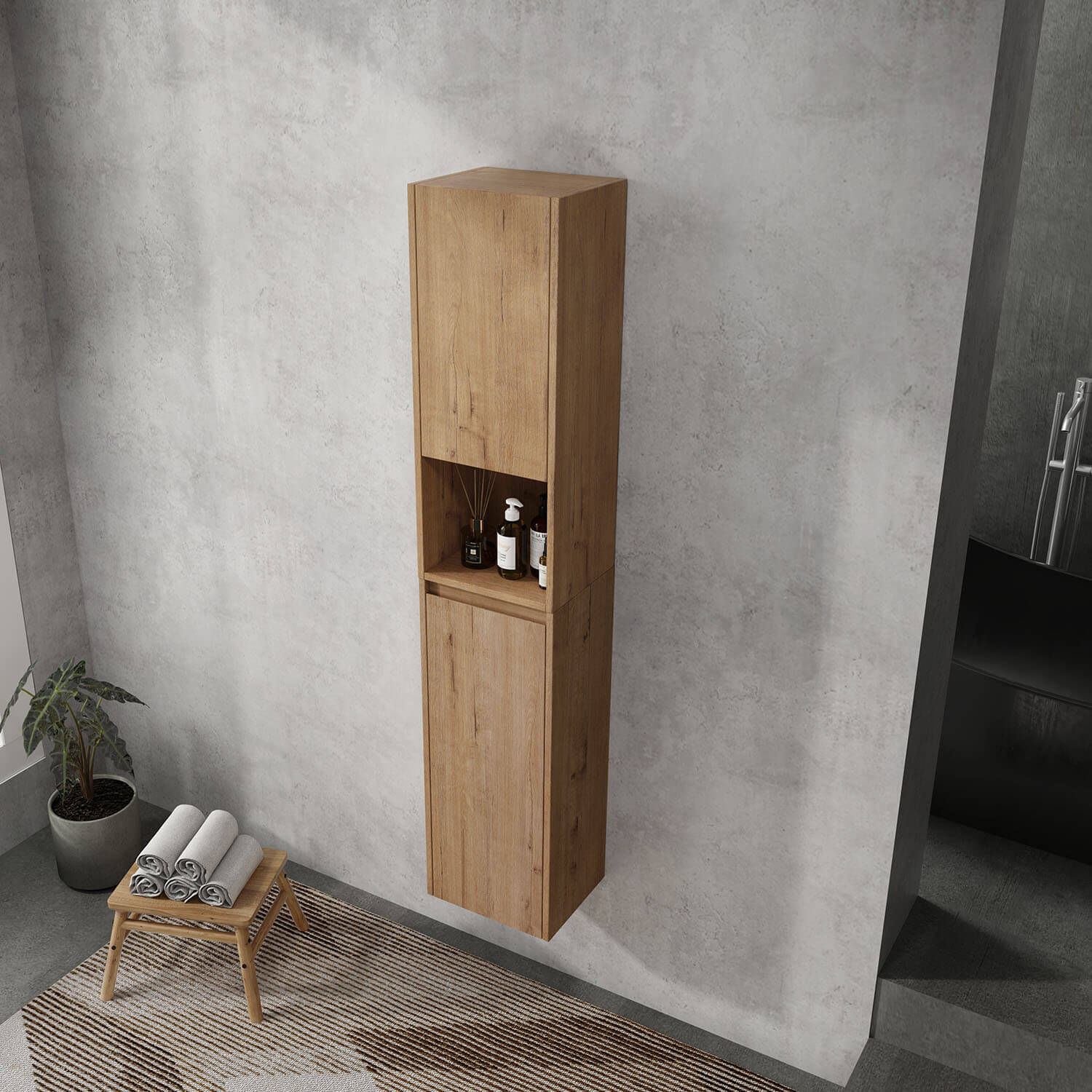 59 inch Tall White-Oak Bathroom Wall Cabinet with Doors and Open Shelf