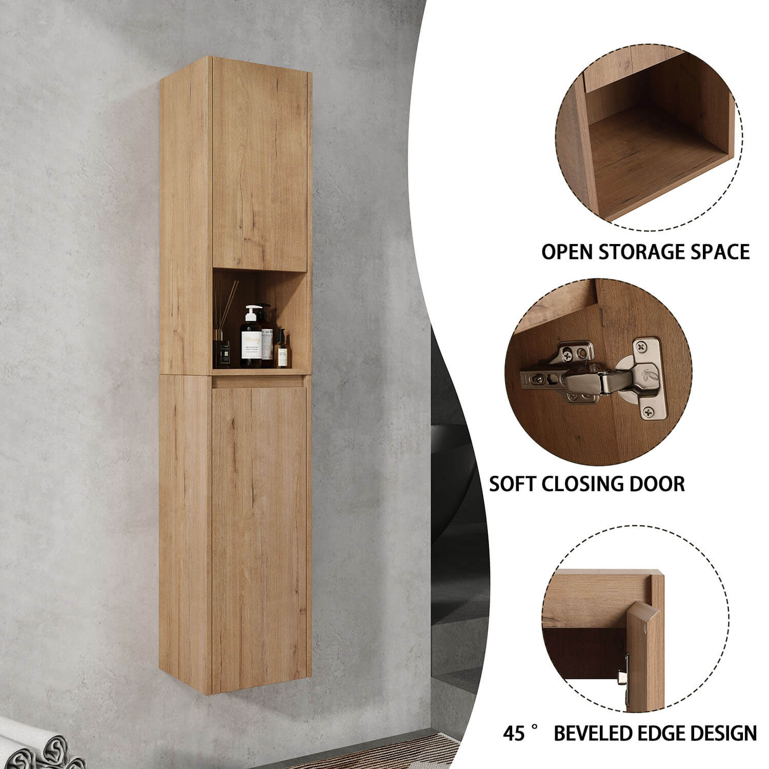 59 inch Tall White Oak Bathroom Wall Cabinet-Doors and Open Shelf