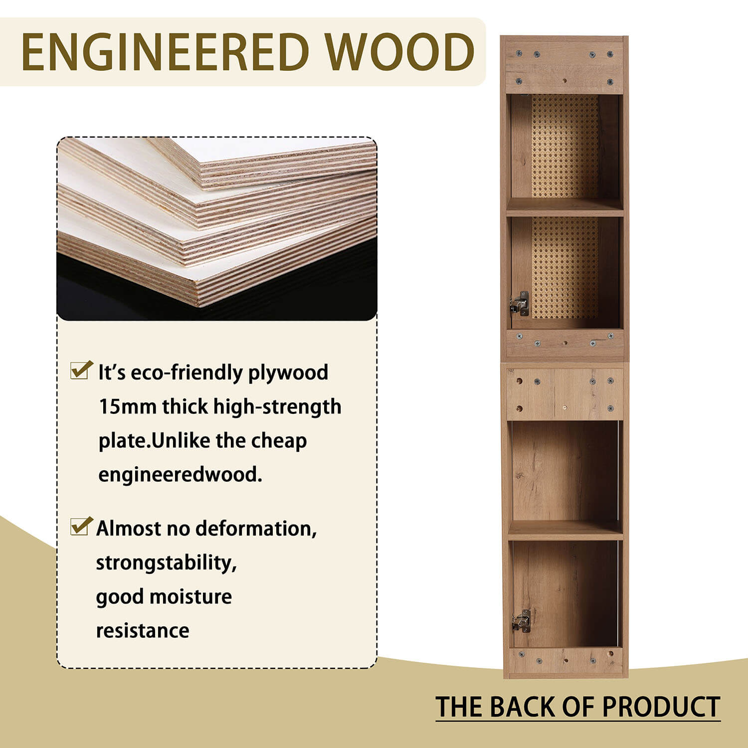 59 inch Tall White Oak Bathroom Wall Cabinet with Rattan Door and Shelves-material