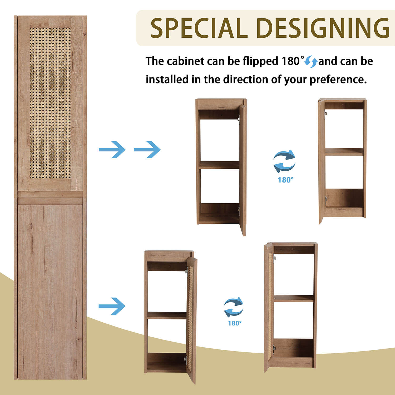 59 inch Tall White Oak Bathroom Wall Cabinet with Rattan Door and Shelves-special design