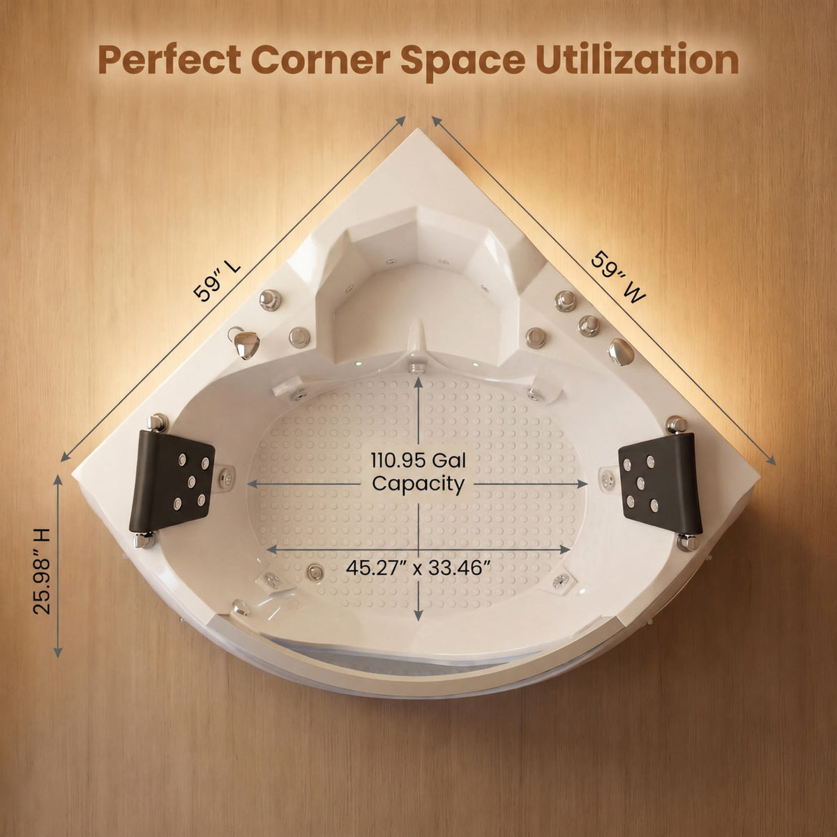 59x59in Corner Bathtub Size Chart 110 Gallon Dual Capacity