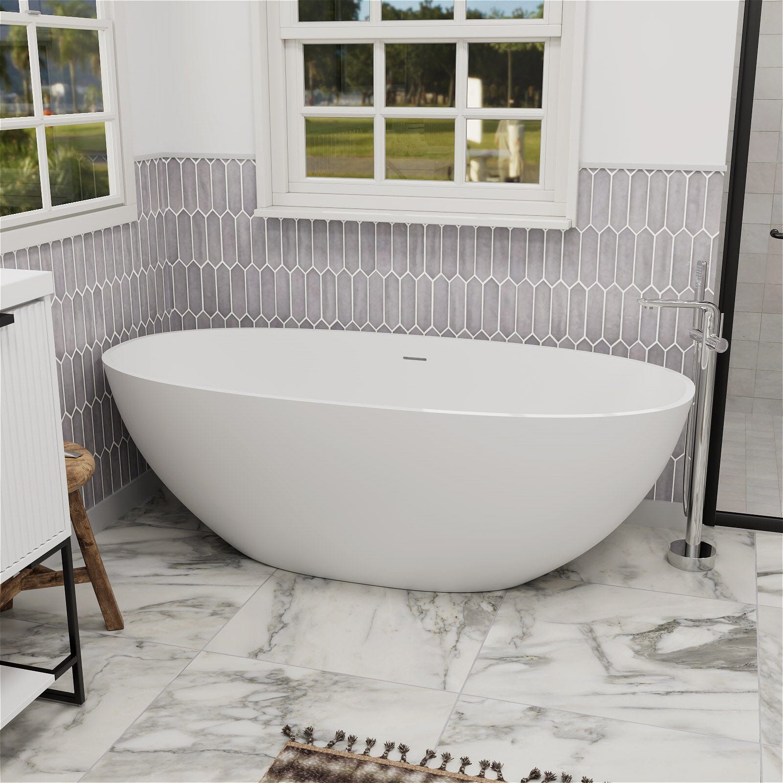55" Solid Surface Stone Resin Oval-shaped Freestanding Soaking Bathtub with Overflow