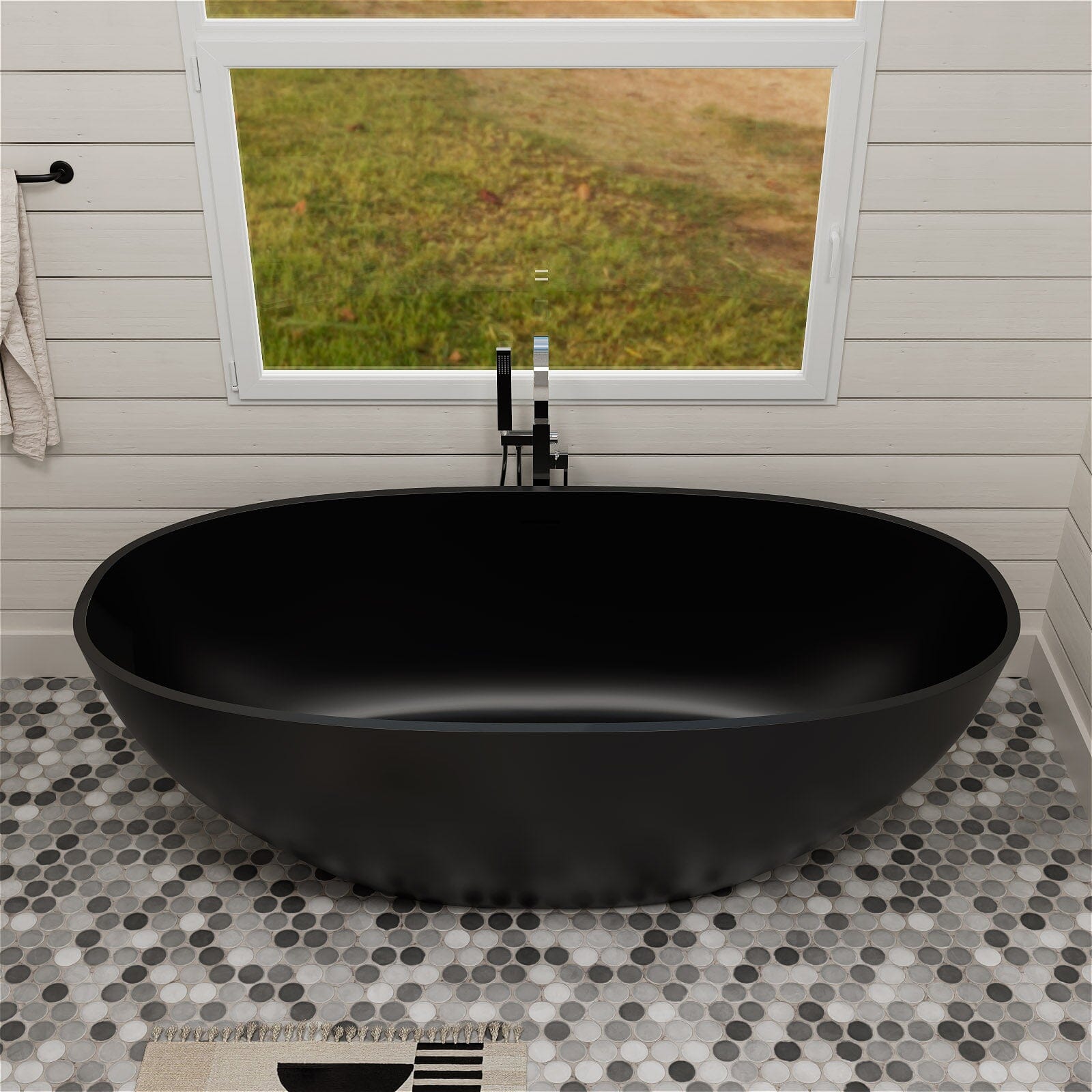 55" Solid Surface Stone Resin Oval-shaped Freestanding Soaking Bathtub with Overflow