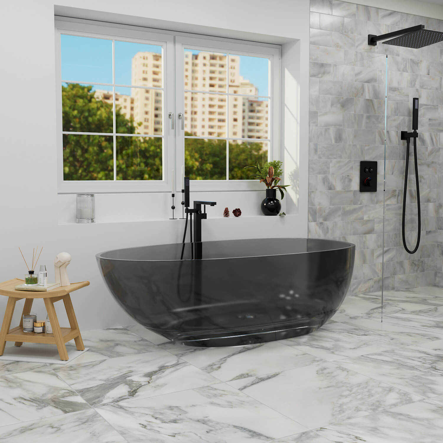 67" Modern Art Resin Tub, Gray Transparent Egg Shape Freestanding Soaking Bathtub for Hotels