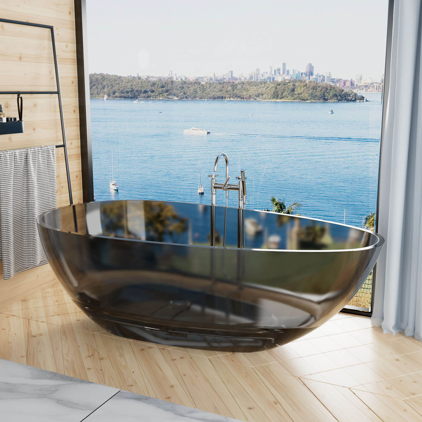 71" Modern Art Resin Tub, Transparent Egg Shape Freestanding Soaking Bathtub for Hotels