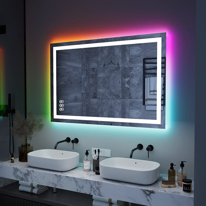 36“/48” RGB LED Light Bathroom Vanity Mirror Rectangular Frameless Anti Fog