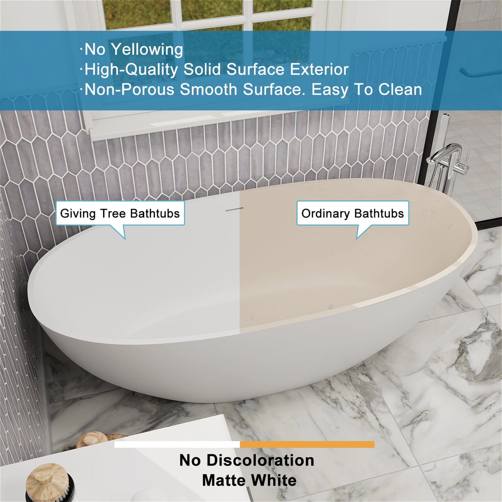 55" Solid Surface Stone Resin Oval-shaped Freestanding Soaking Bathtub with Overflow