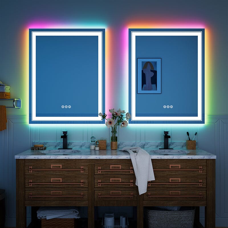 36“/48” RGB LED Light Bathroom Vanity Mirror Rectangular Frameless Anti Fog