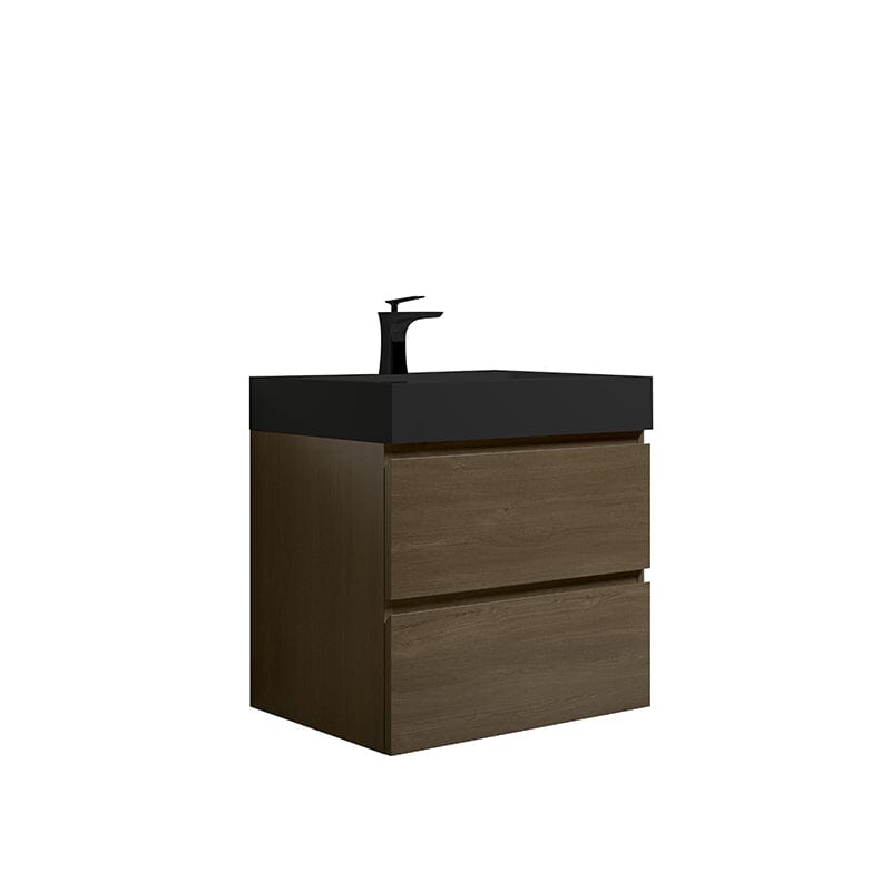 Mueble de baño de roble oscuro de 24 pulgadas con lavabo, de una sola pieza, para montaje en pared.