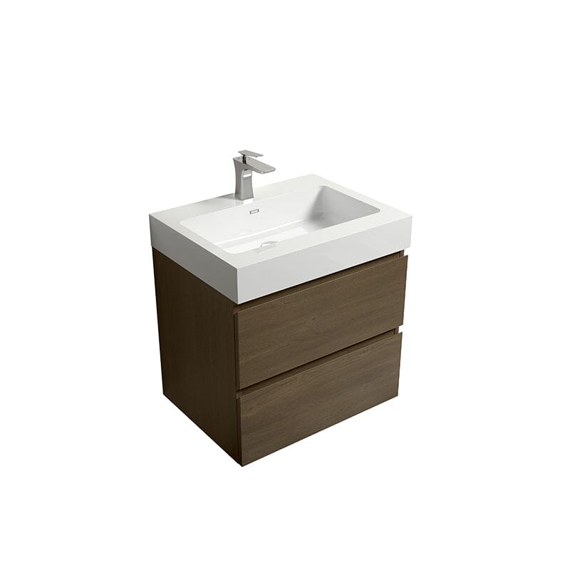 Mueble de baño de roble oscuro de 24 pulgadas con lavabo, de una sola pieza, para montaje en pared.