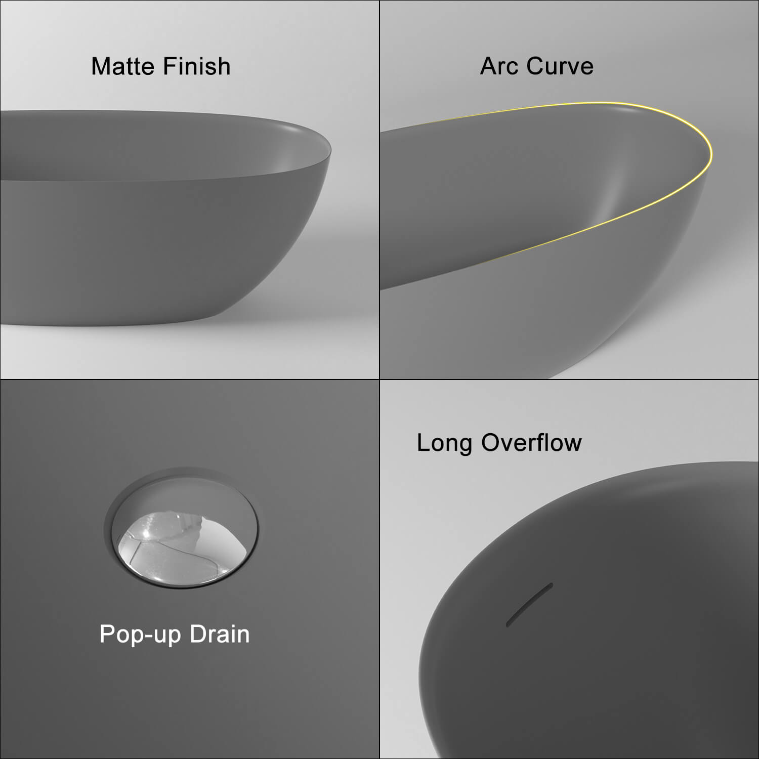 Detail of matte gray 65-inch modern oval bathtub
