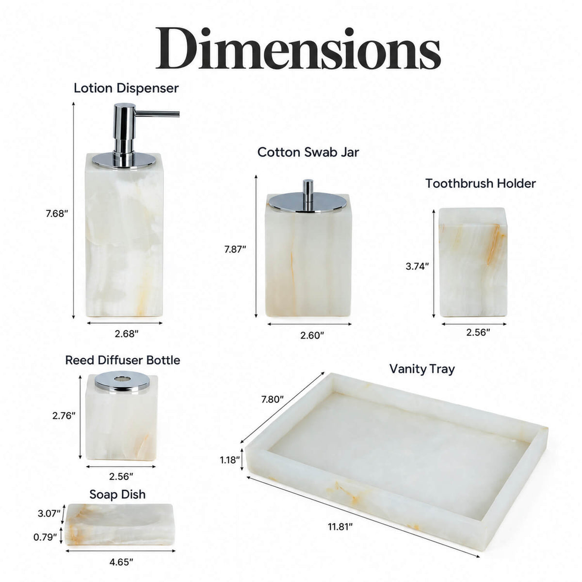 Dimensions of the 6-piece white jade marble bathroom accessory set and rectangular vanity tray