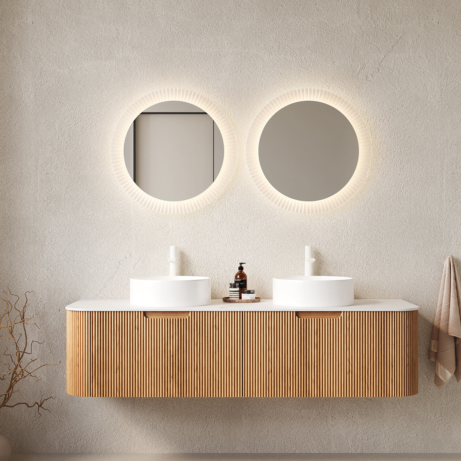 60 in Pre Assembled Floating Vanity with Curved Edge Striped Design in White Oak