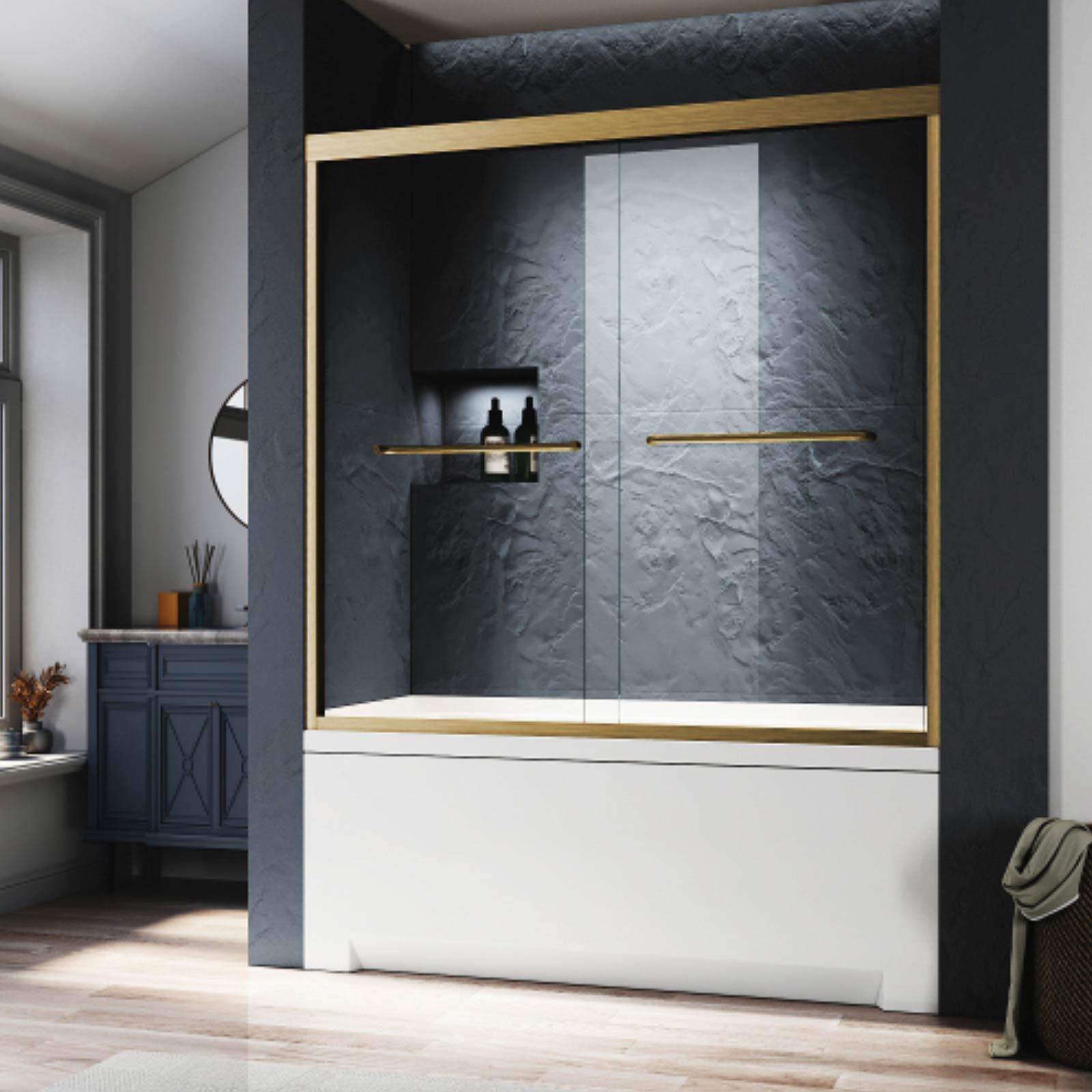 60 in x 62 in Brushed Gold Semi Frameless Double Sliding Bathtub Door
