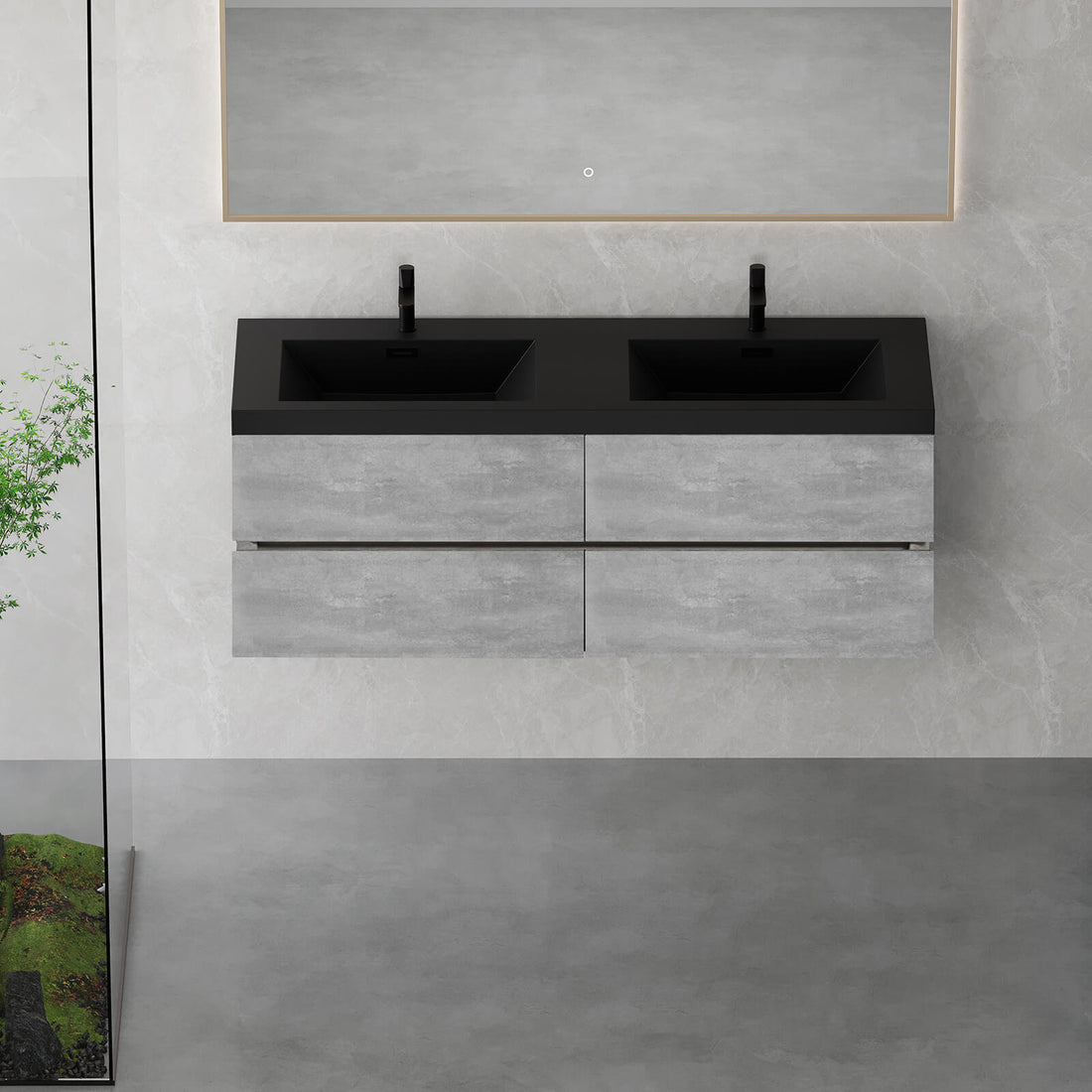 60 inch ash gray wall mounted bathroom vanity with black quartz basin