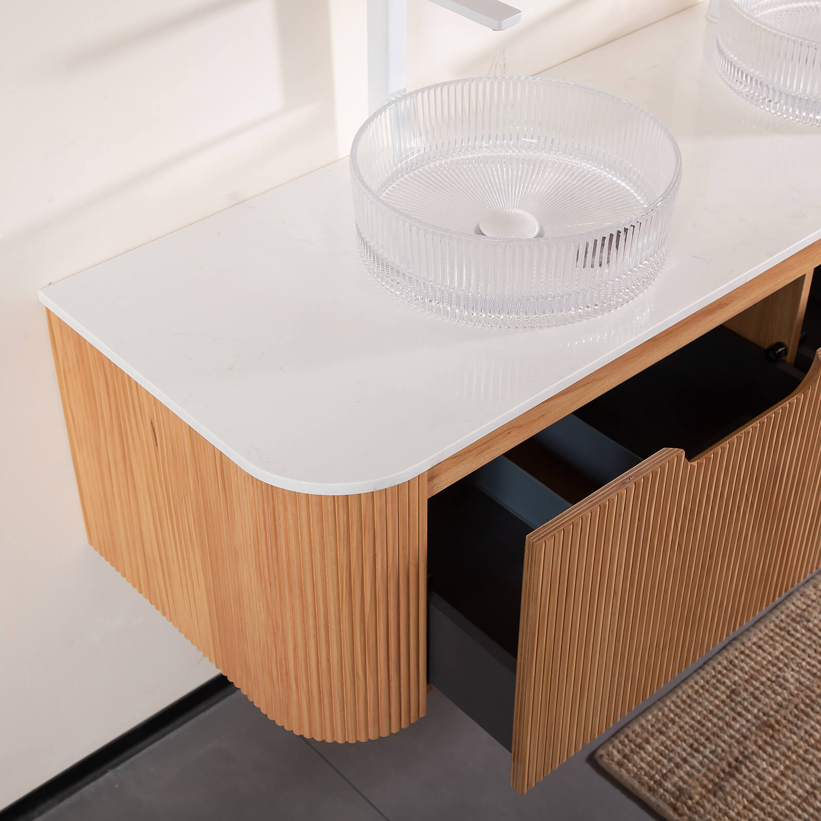 60 inch bathroom vanity with two clear round sinks