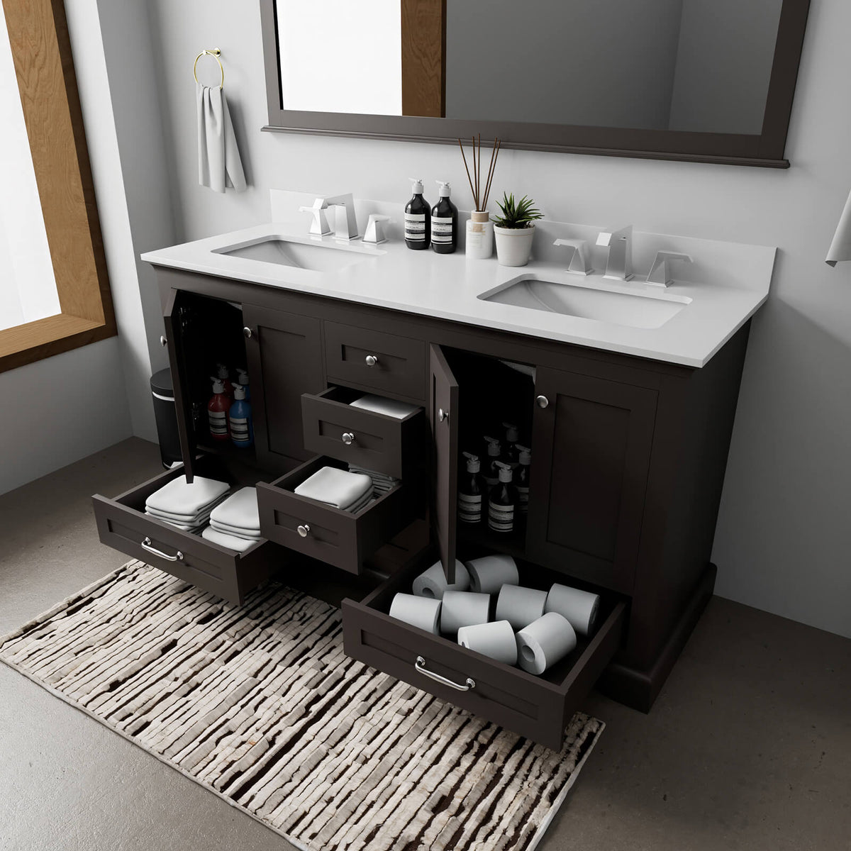 60 inch rectangular espresso bathroom vanity with white quartz countertop and undermount sink