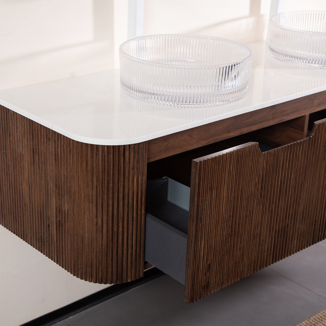 60 inch walnut bathroom vanity with double clear vessel sinks