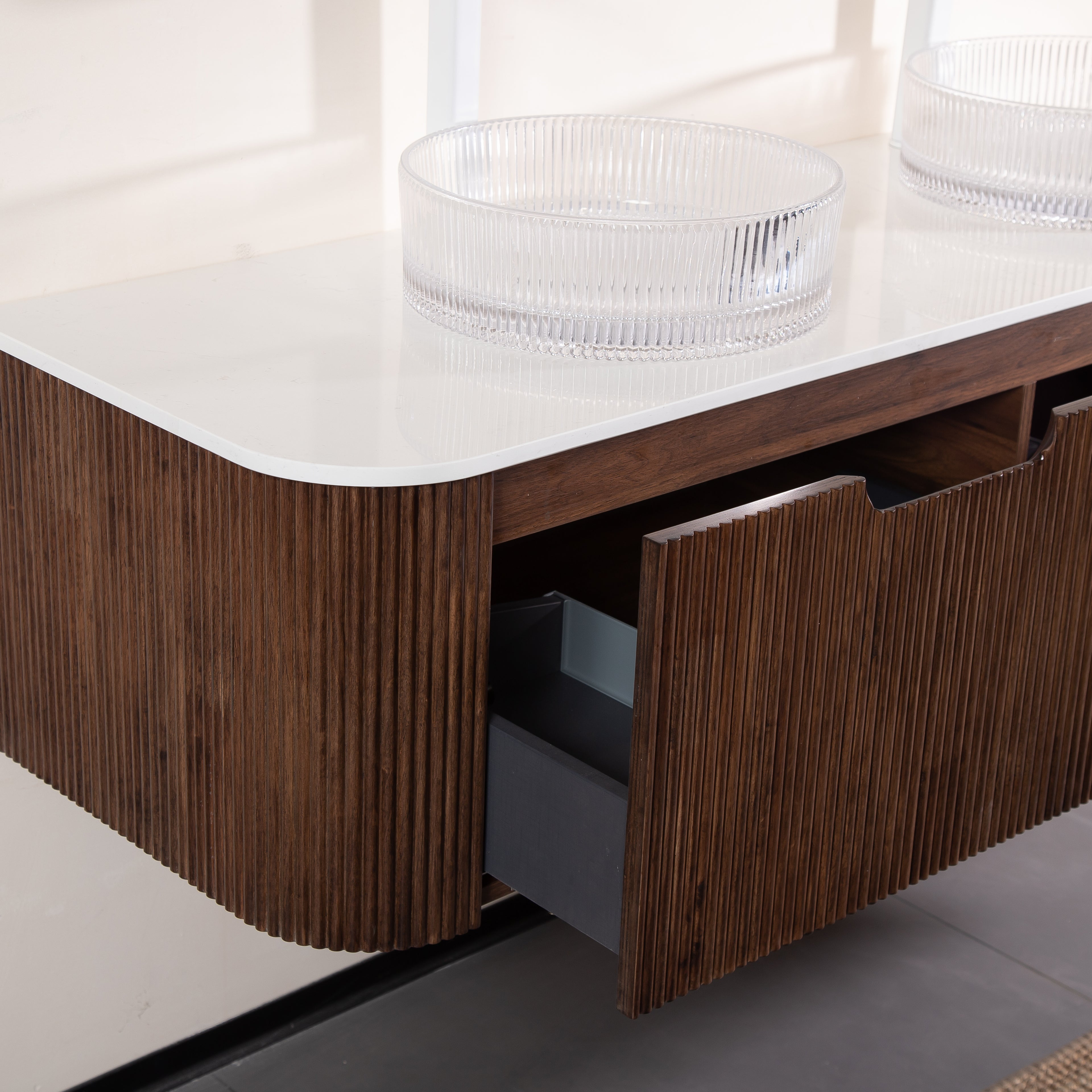 60 inch walnut bathroom vanity with double clear vessel sinks