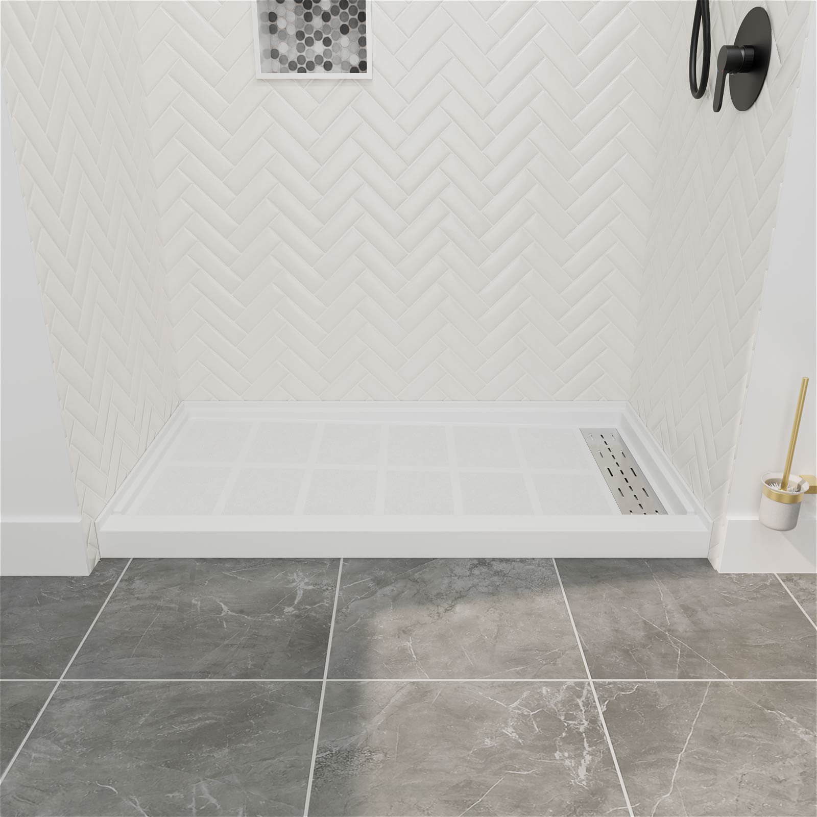 60 x 34 solid surface shower base with right drain and matte white finish