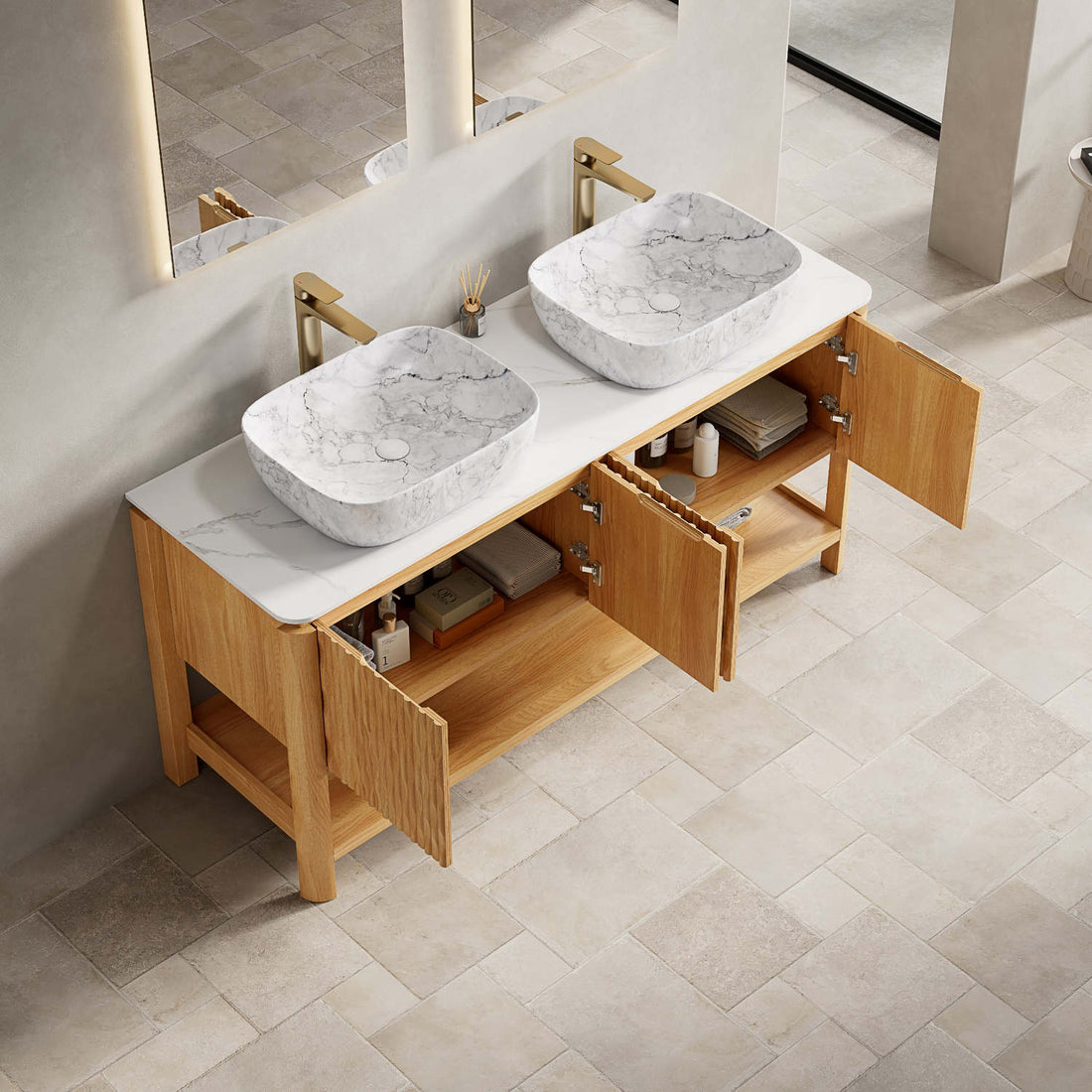 60 inch White Oak Double Bathroom Vanity with Sintered Stone Countertop and Four Door Storage