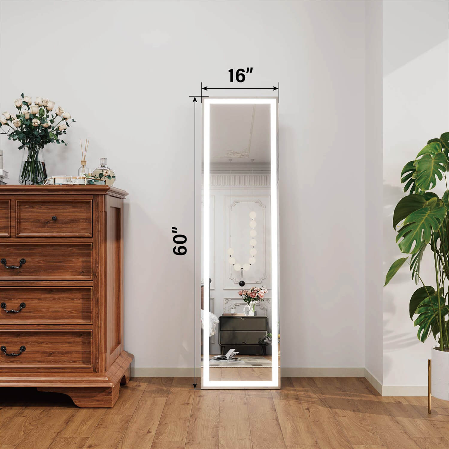 60x16 inch LED full length mirror with edge lighting and dimension markings