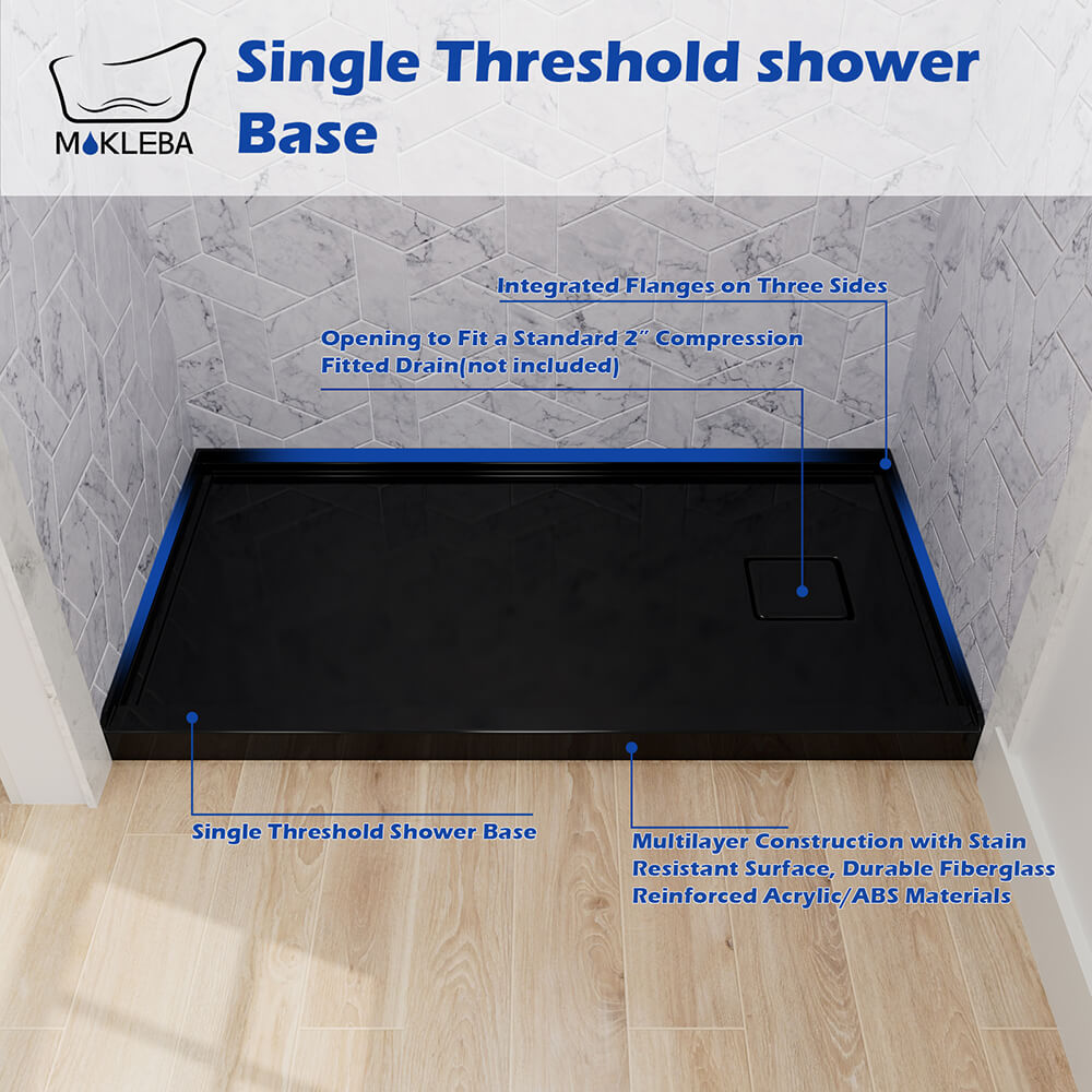 60x32 inch black shower pan with reinforced acrylic and engineered stone composite construction