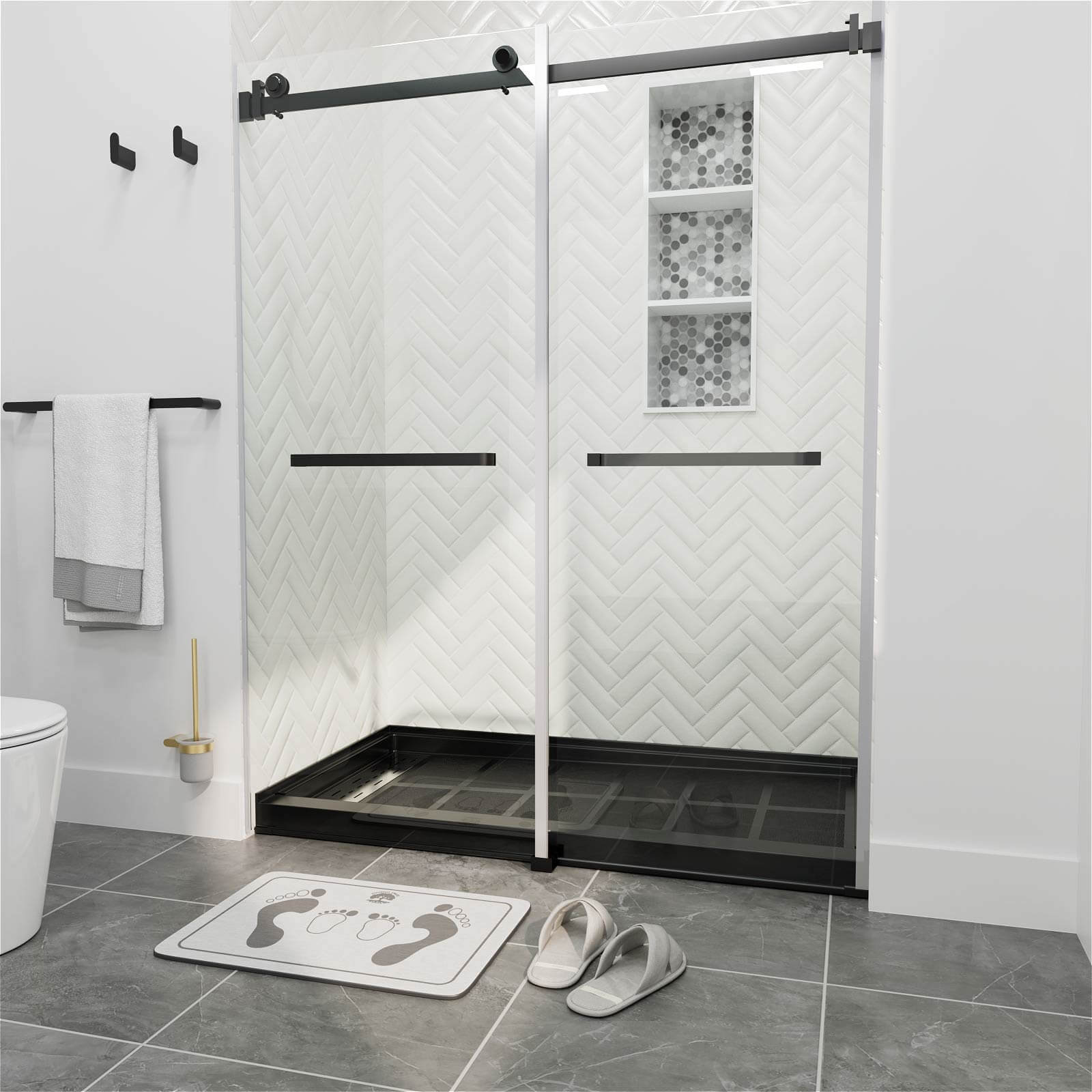 60" x 34" Black Shower Base with Left Drain Removable Stainless Cover, Non-Slip Texture, Solid Surface