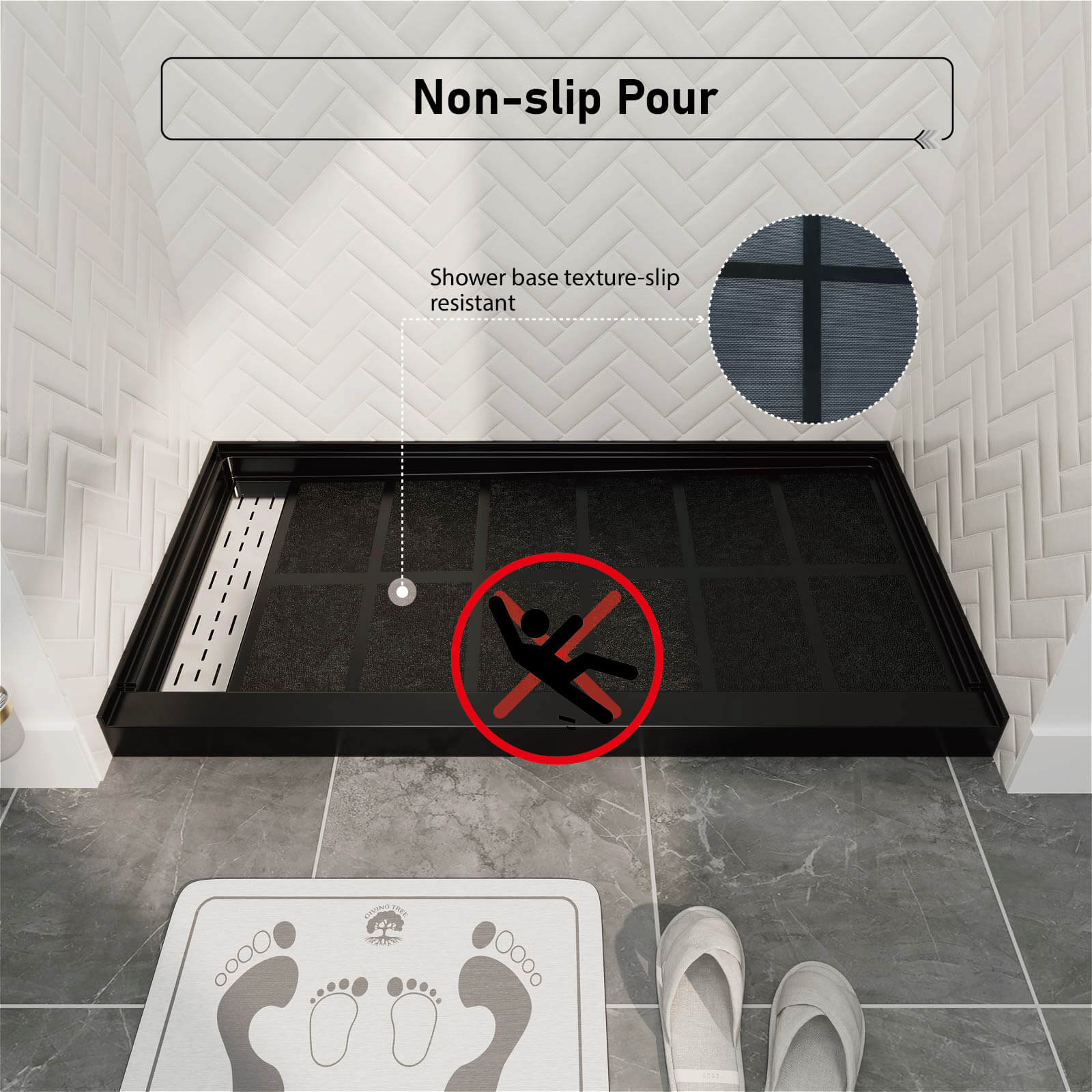 60" x 34" Black Shower Base with Left Drain Removable Stainless Cover, Non-Slip Texture, Solid Surface